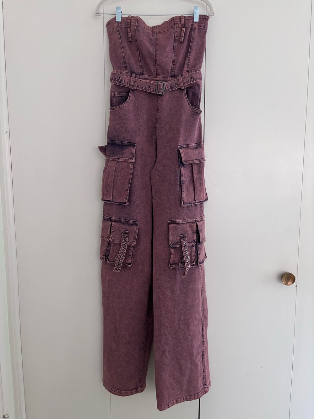 NWT $130 Akira Acid Washed Denim Jumpsuit Pink buckles streetwear cargo baggy - Picture 2 of 13